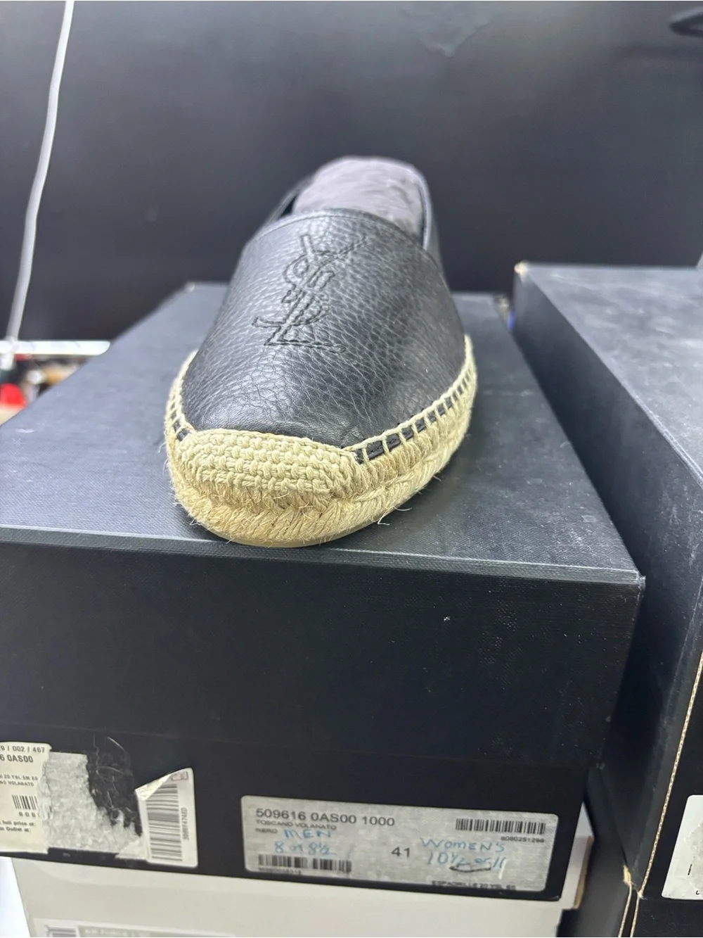 Saint Laurent Black Leather Espadrille with Monogram
